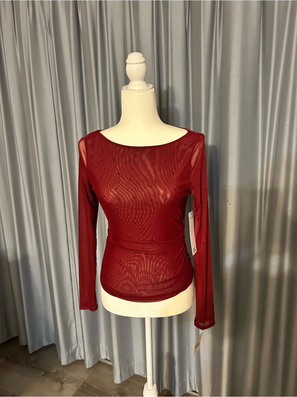 Madden Girl Burgundy Sheer Long-Sleeve Mesh Top